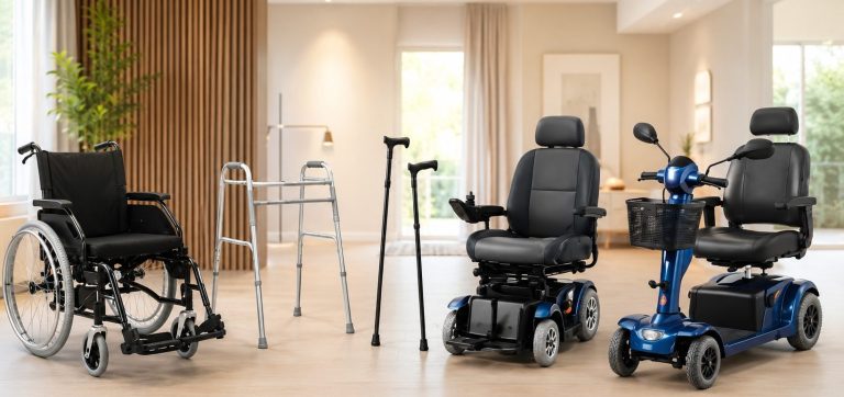 Différents équipements d'aide à la mobilité : fauteuil roulant, déambulateur, canne, scooters.