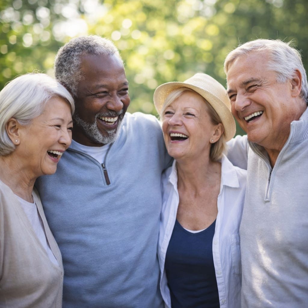 Quatre personnes âgées, souriantes, profitant d'un moment joyeux ensemble en plein air.