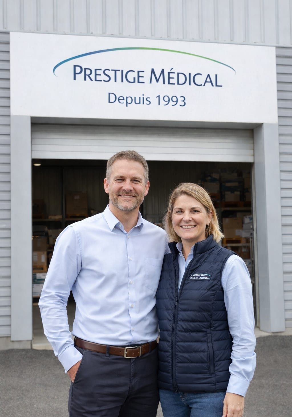 Un homme et une femme souriants devant le bâtiment de Prestige Medical.