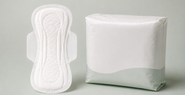 Produits d'hygiène féminine avec emballages variés sur un fond bleu.