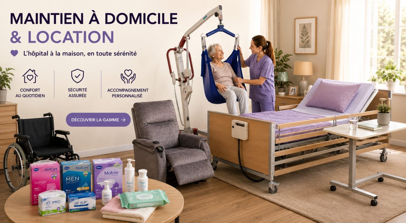 Maintien à domicile & location Salle de soins avec lit médical, fauteuil, et personnel aidant un patient.
