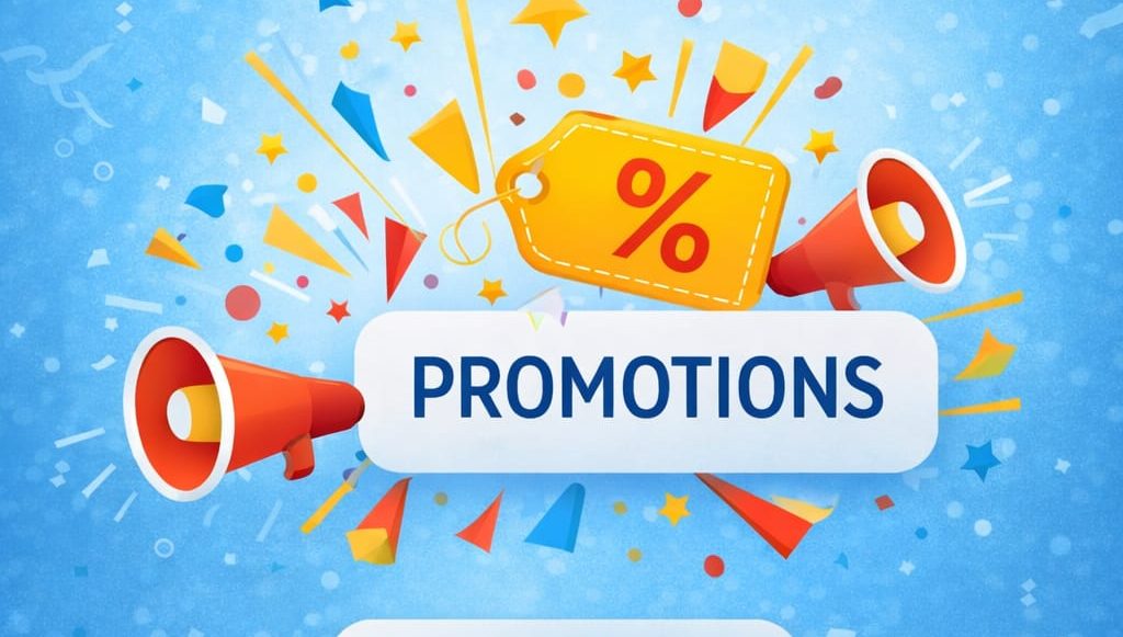 Bannière colorée annonçant des promotions avec des mégaphones et des éléments festifs.
