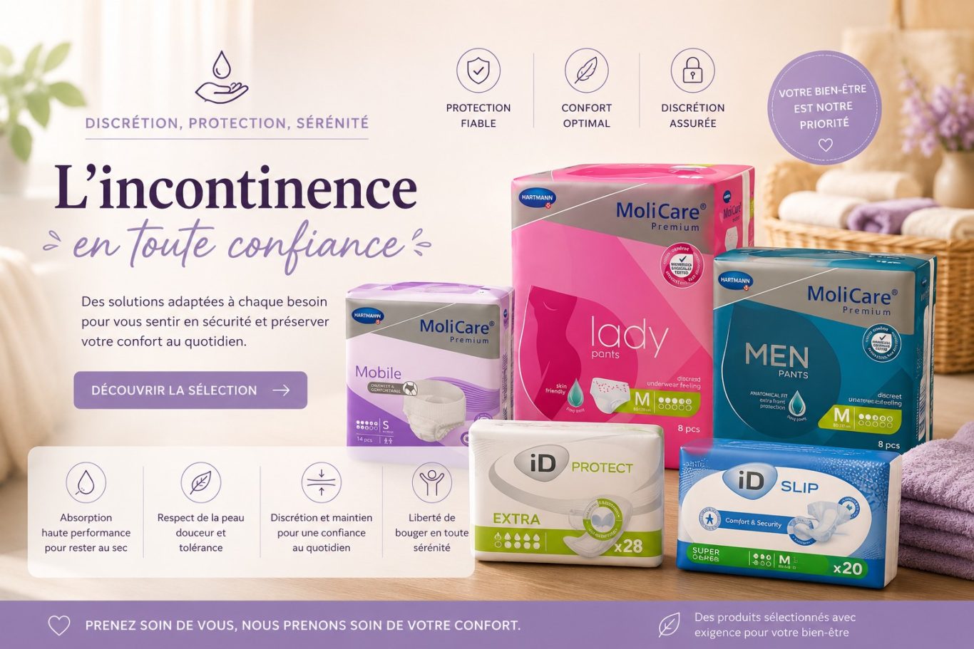 Incontinence Adultes Produits pour l'incontinence, incluant des protections et serviettes, présentés en plusieurs formats.