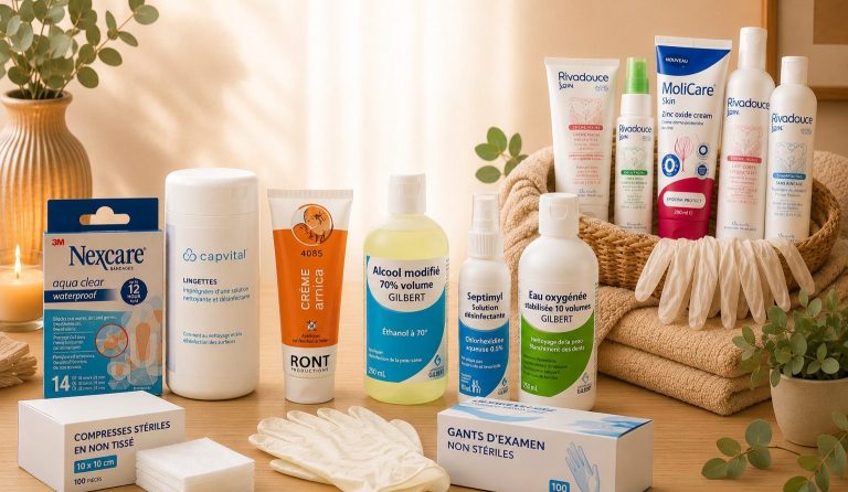 Produits d'hygiène et de soin, y compris des gants, lotions et serviettes.