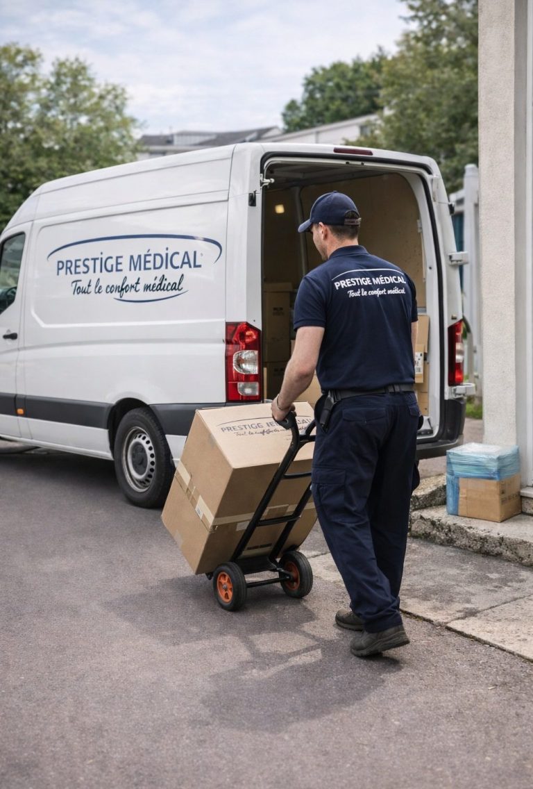 Un homme en uniforme transporte des cartons à partir d'un véhicule utilitaire médical.