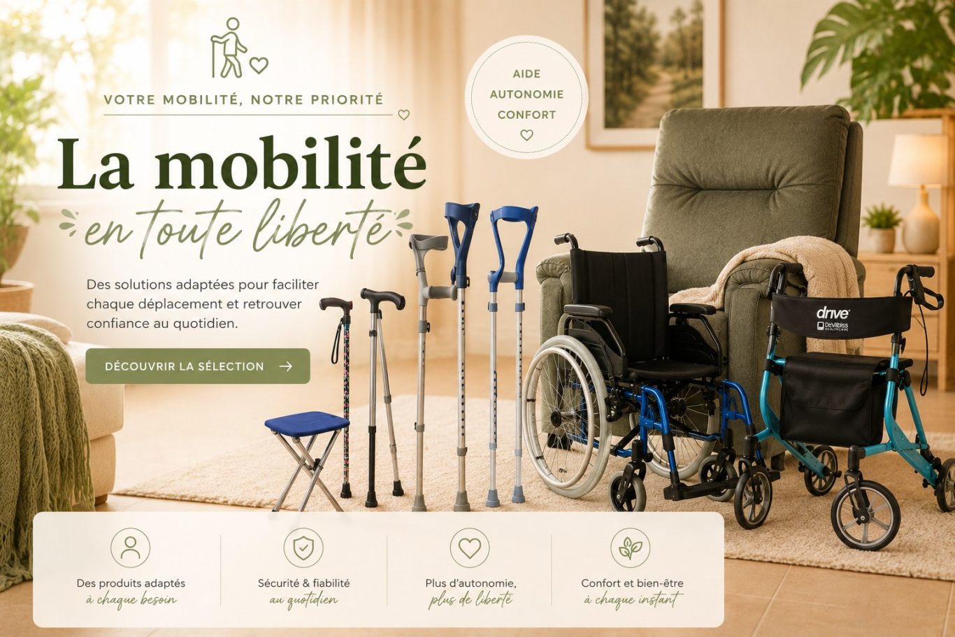 Mobilité Présentation d'articles pour la mobilité : fauteuils roulants, cannes et tabourets.