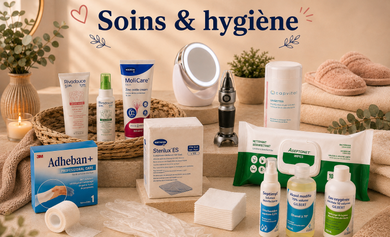 Hygiène & Soin Produits d'hygiène et de soin, y compris des gants, lotions et serviettes.