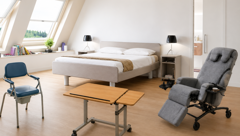 Chambre avec un lit médicalisé, un fauteuil confortable et un marchepied.