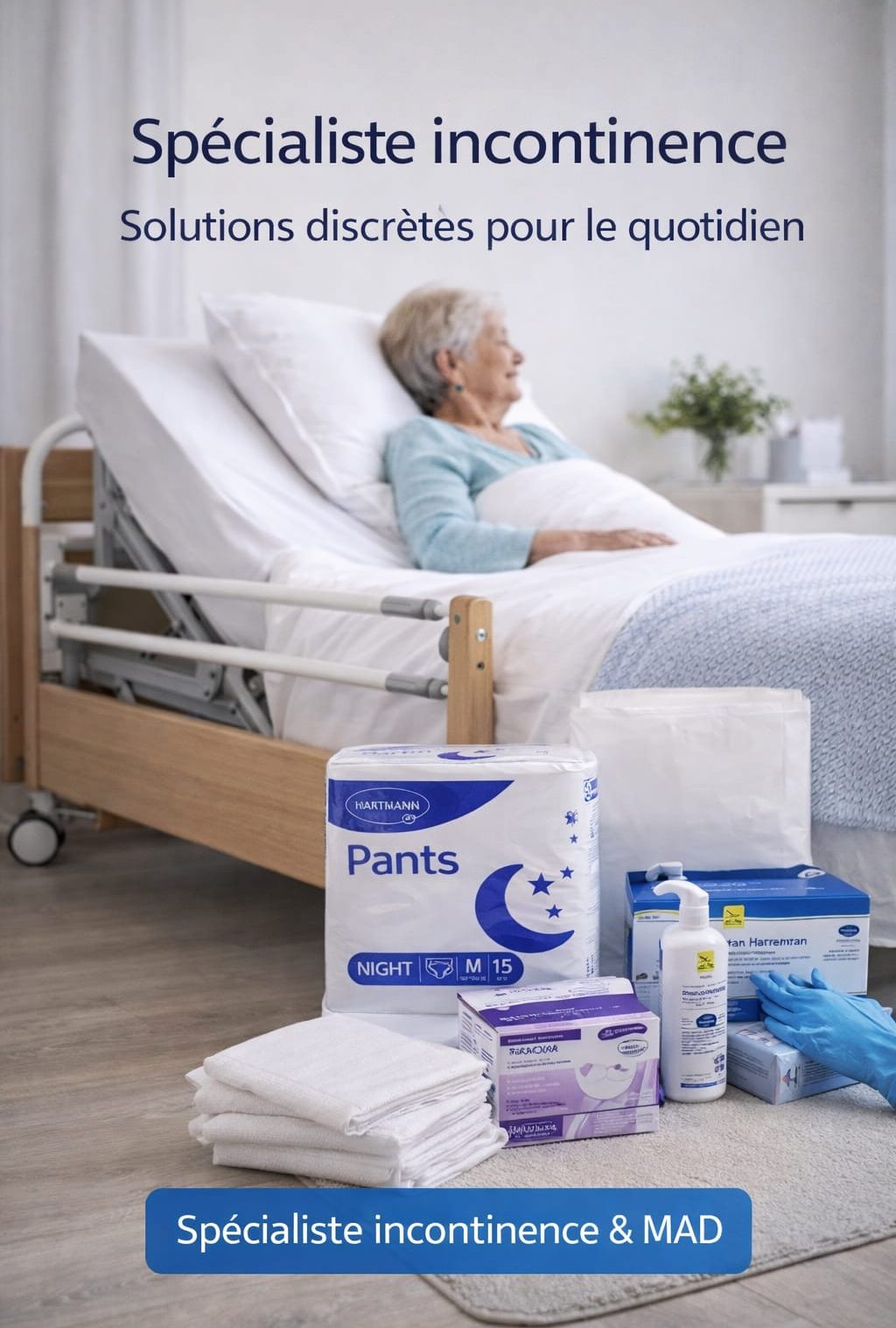 Femme au lit avec des produits pour l'incontinence à portée de main.