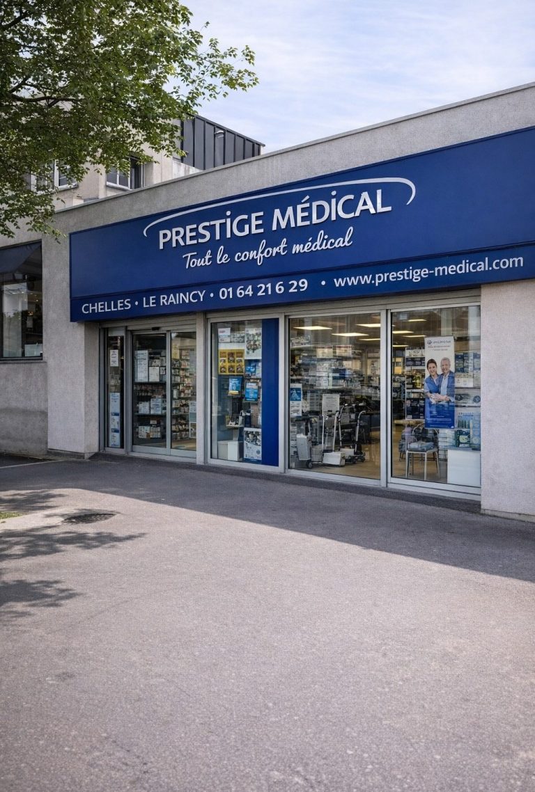Boutique Prestige Medical avec une façade bleue et des vitrines bien visibles.
