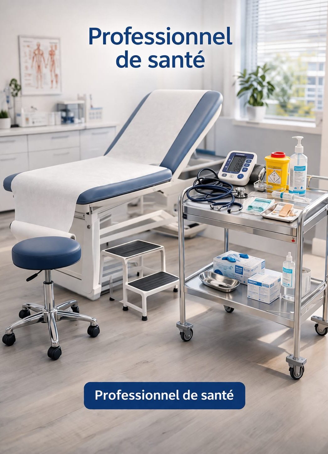 Chambre de consultation médicale avec table d'examen et équipement de santé.